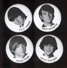 1966 The Monkees 4 Pin Set Davy Jones, Mike Nesmith, Micky Dolenz Peter Tork