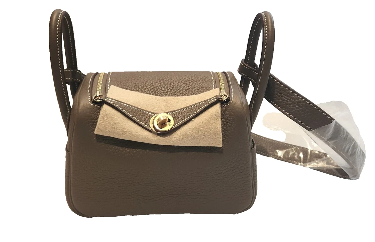 BNIB 2023 HERMES Lindy Mini Bag Taurillon Clemence 18 Etoupe Gold