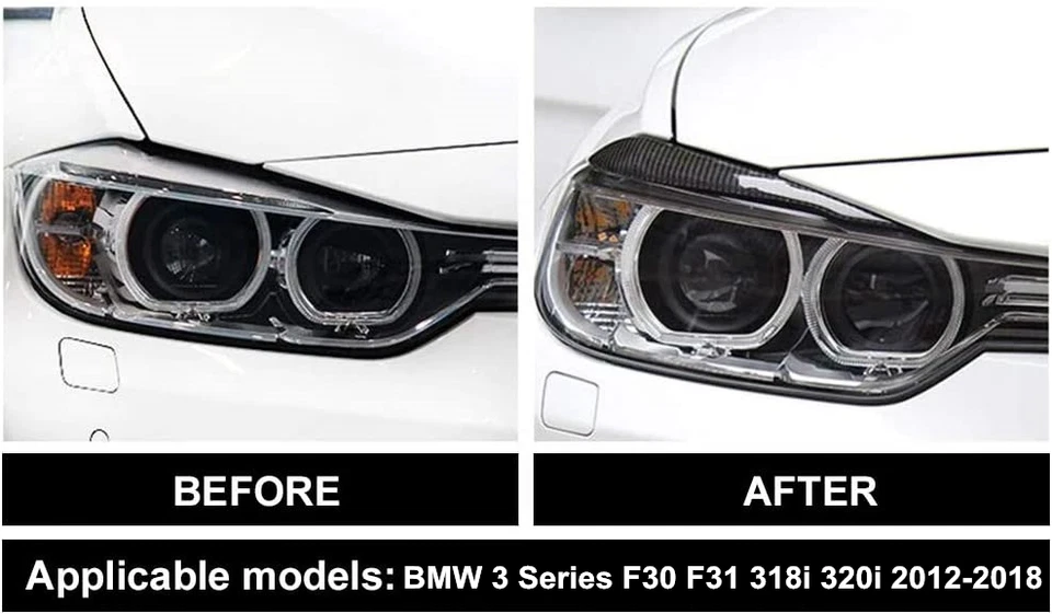 Para BMW 318i 320i 2012-2018 Negro Brillante Faro Coche Cejas Párpados Cubierta Borde Foto 2 de 4