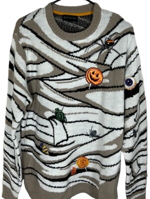 Blizzard Bay Sweater Men Large White Halloween Mummy Bugs All Over Print