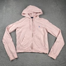 Vintage Ralph Lauren Crop Hoodie Womens Large Pink Full Zip Lightweight Cotton