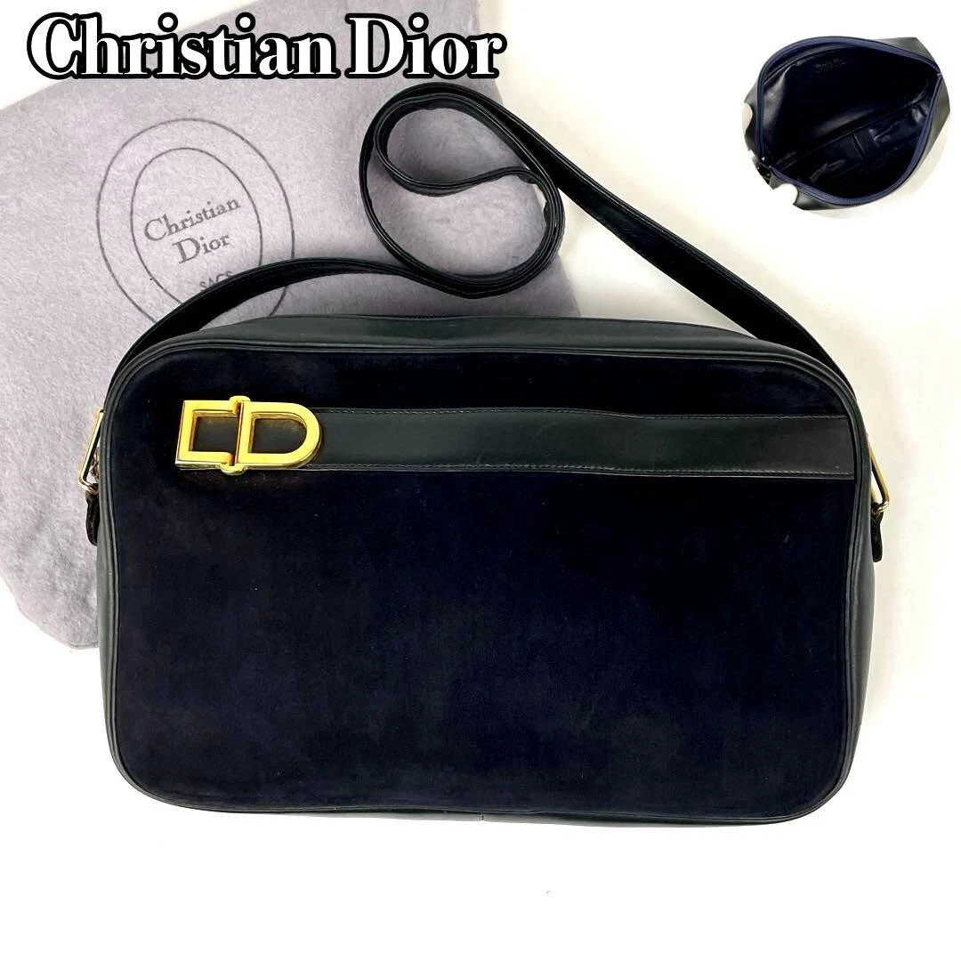 Sac bandoulière vintage Christian Dior cuir daim bleu marine foncé fabriqué en France C571