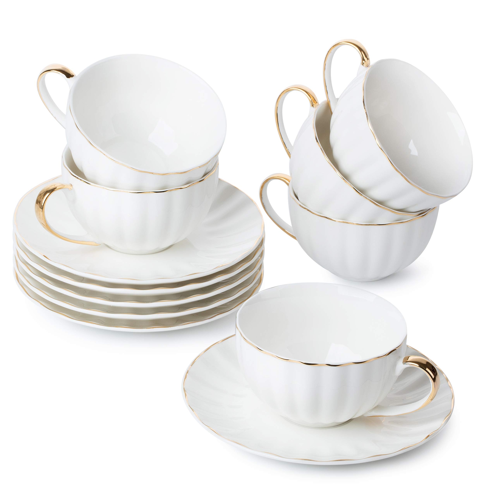Cups And Saucers 6-piece Set 7oz White With Gold Trim & Gift