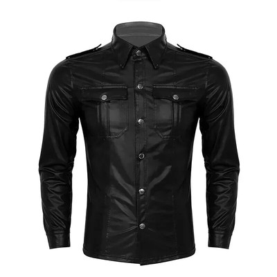 Classical Black Sleeve Button Style Leather Shirt Genuine Lambskin Slim Fit Men