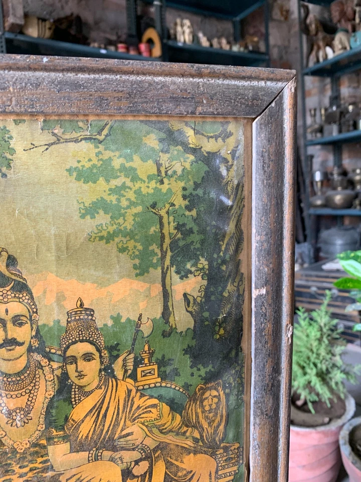 Prensa Raja Ravi Varma impresión litográfica vintage de la familia Shiva Parivaar enmarcada Foto 4 de 4