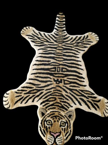 Viana 100% Wool Tiger Shape Rug  Handmade Throw Rug Safari African Jungle EUC~☆~ - Picture 1 of 8