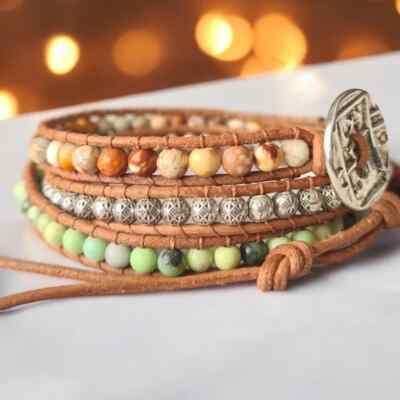 Australien Jade & Jaspis 3-lagiges Armband, natürliche Perlen Manschette, Boho Edelstein