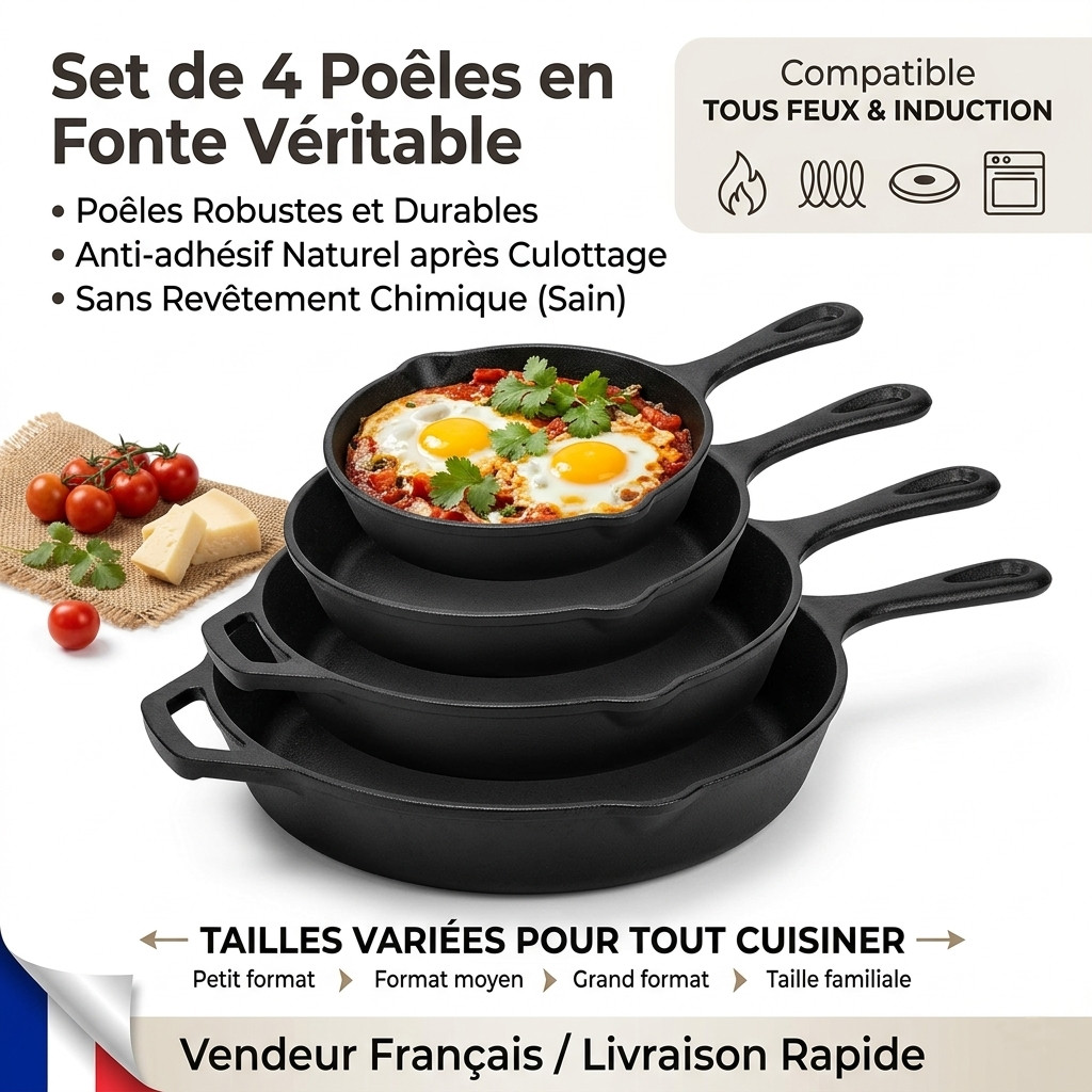 Set de 4 poêles en fonte véritable de 14 à 26cm pour induction et four