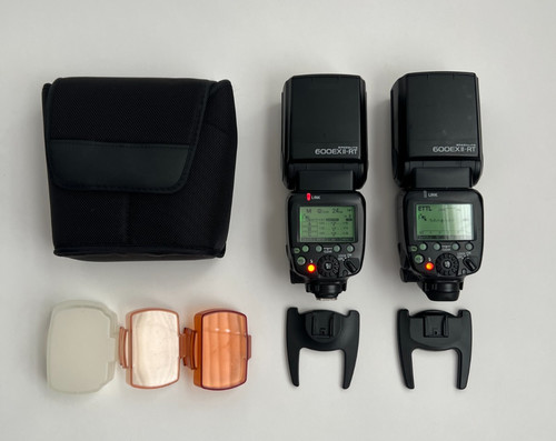 Canon Speedlite 600EX II-RT Flash (Pair/Set of 2) w/ Gels, 1 bag, and 2 stands