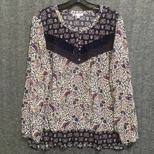 DR2 Daniel Rainn Top Womens XL Blue Floral Lace Boho Peasant Flowy Tunic Blouse