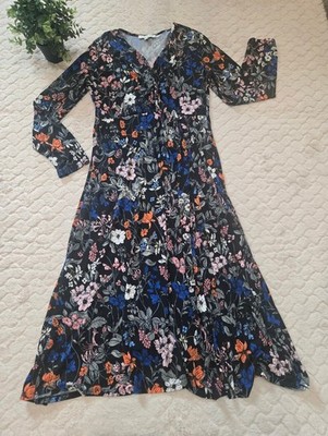 CHAUS New York Black Floral V-Neck Swing Faux-Wrap Dress, Size Medium