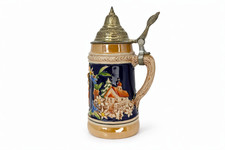 VTG German Beer Stein Lidded Ceramic Relief Tavern Scene Pewter Lid Mug EUC