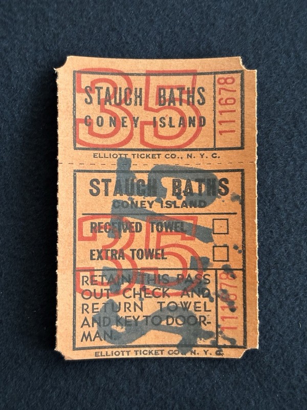 STAUCH BATHS, CONEY ISLAND, BROOKLYN NEW YORK Towel Ticket, Vintage Elliot