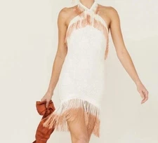 Shyanne White and Brown Backless Halter Fringe Dress Size XS Western Cowgirl