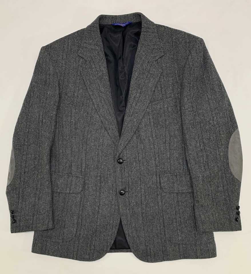 Casaco esportivo vintage anos 80/90 pêndulo cinza/preto lã espinha de peixe remendos de camurça 44R - Imagem 2 de 4