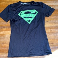 Under Armour Superman Youth Large Black Green Fitted HeatGear Comic Graphic Tee