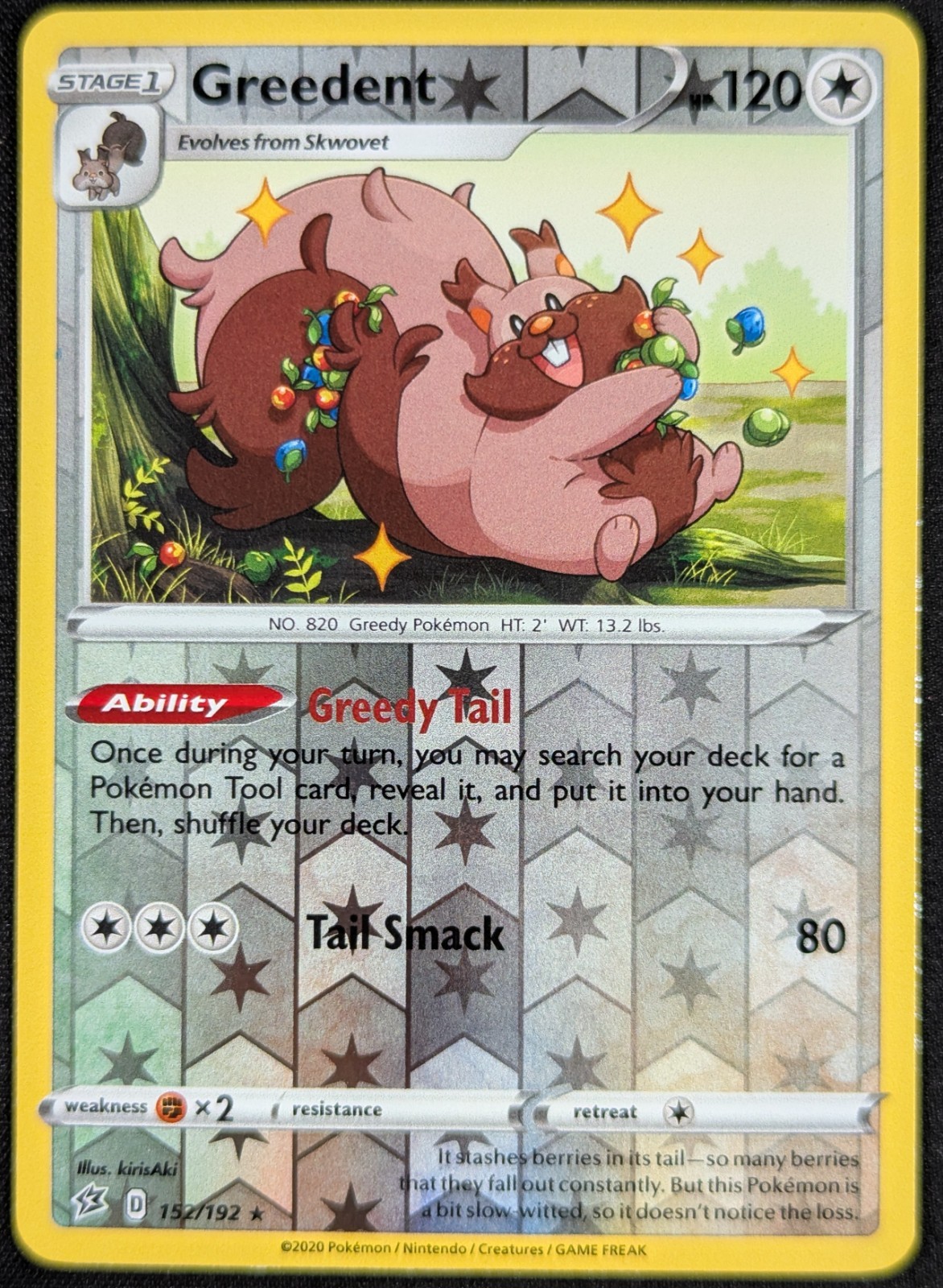 Greedent 2020 Rebel Clash Reverse Holo Rare Pokemon Card 152/192 (NM)