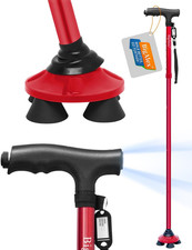 Folding Walking Cane LED Light Adjustable Quad Base Red 30-35in for Short Adult