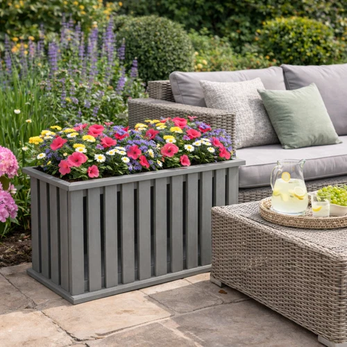 Double Garden Wooden Planter in Grey, Includes Liner, 33x62x45CM