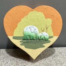 Handmade Paper in Heart Shape Box Hand Painted Lid Elephants Scenery EUC