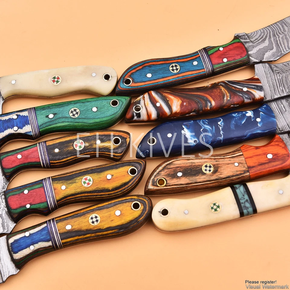 Lote de 20 cuchillos desolladores afilados de caza de acero Damasco hechos a mano con fundas Foto 4 de 4