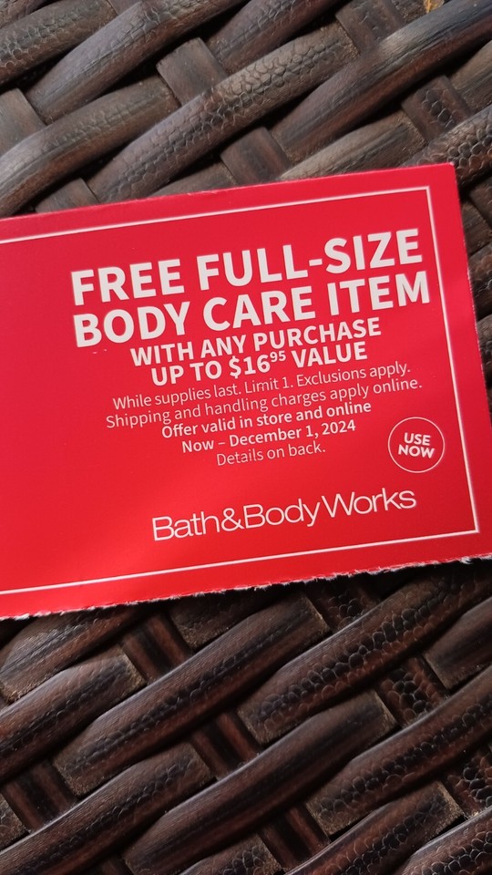 Bath and Body Works Coupons 25 Off, 10 Off, Body Care, Exp 11/24/24