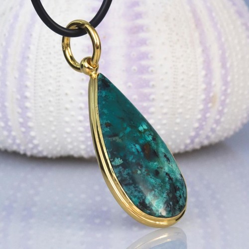 Pendant Gold Vermeil Sterling & Rare Gem Silica Chrysocolla Bacan Cabochon 7.48g - Picture 3 of 10