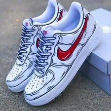 Air Force 1 Custom Shoes White Red Black Cartoon Graffiti Outline Mens Size 12