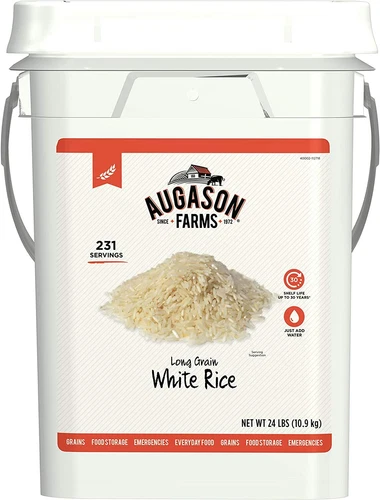 Augason Farms White Rice 24 Lb Large Bucket Bulk Emergency Food Storage,30 Year