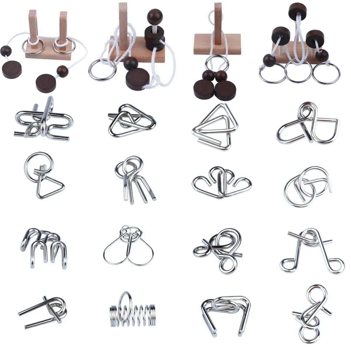 Brain Teaser Puzzle Wooden Threading Rope Loop Puzzle and Metal Puzzle Unlock...