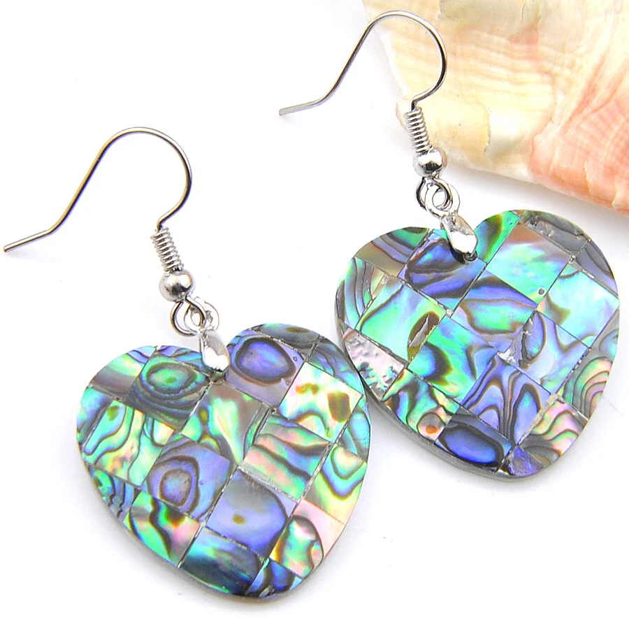 Pendientes de gancho colgantes de plata con gemas de concha de abulón natural tropical con corazón Foto 2 de 4