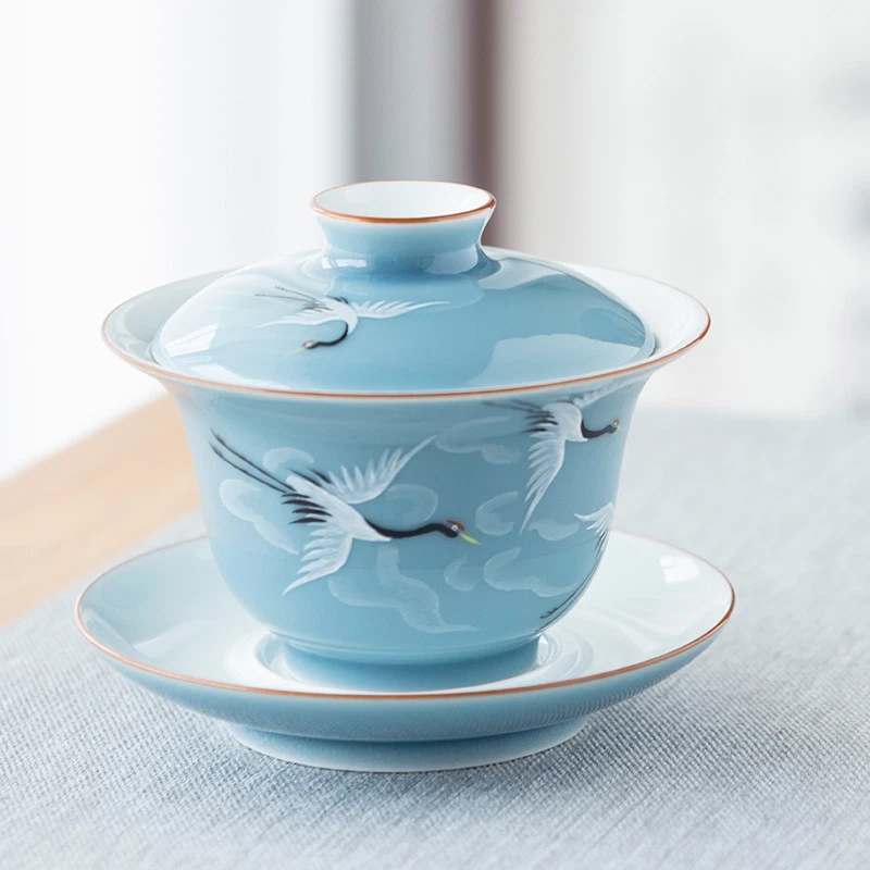 Grúa pintada a mano poesía Gaiwan cerámica puré tapa Jingdezhen porcelana galina Foto 4 de 4
