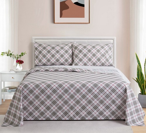 Printed 600 Thread Count Cotton Blend Percale Sheet Set, Grey White Tartan Full - Picture 4 of 8