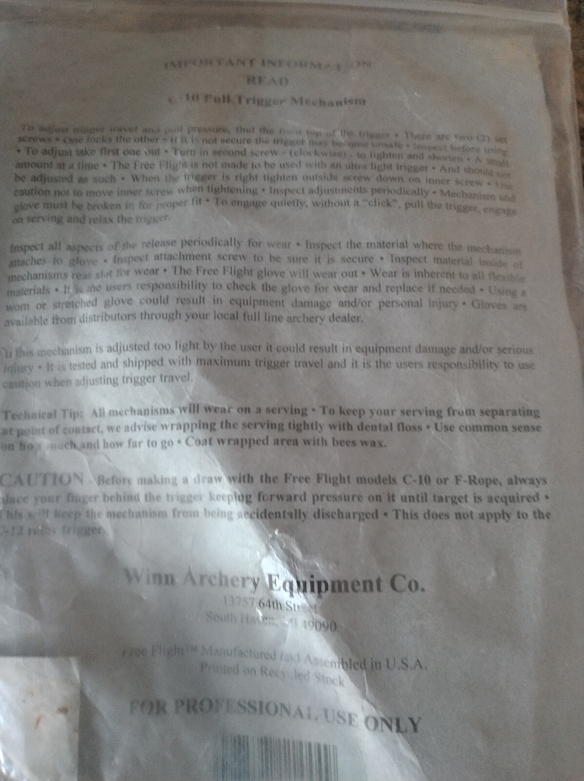 Winn Archery Free Flight C10 Pull Trigger Archery Release XL Left