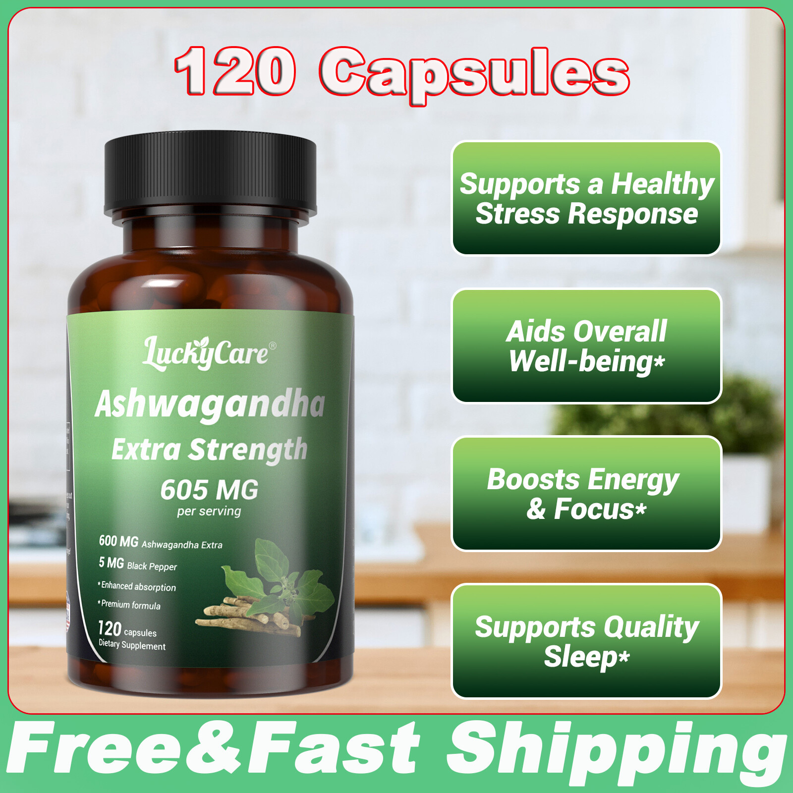 120 Capsules Ashwagandha Extract Extra Strength Capsules w/ Black Pepper Extract