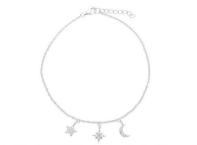 Cavigliera A Catena Con Luna Taglio Diamante &ndash; Argento Sterling 925, Nuova In Confezione