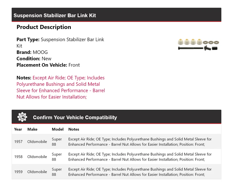 Kit de enlace de barra estabilizadora de suspensión delantera MOOG Oldsmobile Super 88 1957-1959 Foto 2 de 4