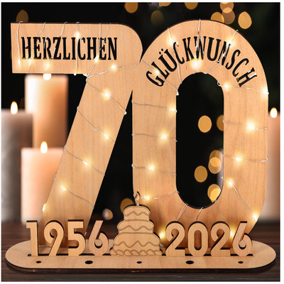 70 Geburtstag Deko Holz Schild mit LED Lichterkette Ständer 29x21
