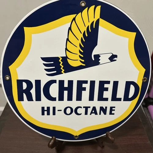 Vintage Porcelain Enamel Richfield Hi-Octane Gasoline Sign, 12”