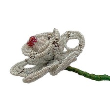 Vintage French Glass Beaded Flower White Gray with Pink Bloom Green Stem Decor