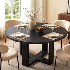 47.24 Black Round Solid Wood Dining Table 1.18 Thick Top Cross Base 4-6 People