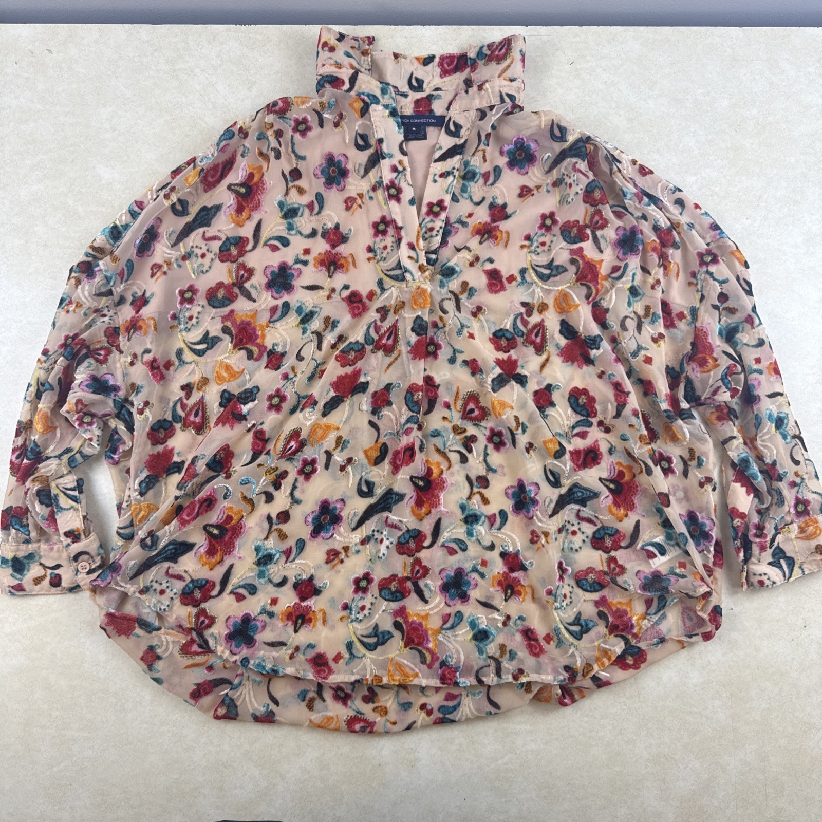 French Connection Avery Floral Velvet Burnout Puff Sleeve Mock Neck Top M