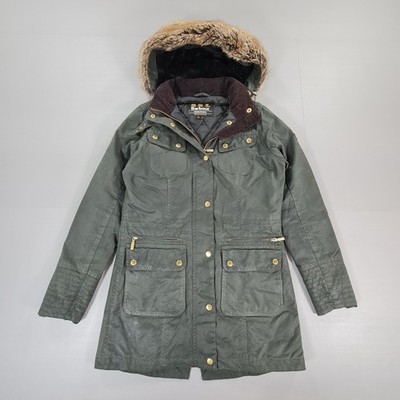 Barbour Damen-Wachsjacke Grün 8 UK Mallory Waterproof Country Faux Fur Hood