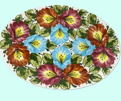Rare Noe Suro Hand Painted Oval Ceramic Platter Floral Design 13x10'' Mexico