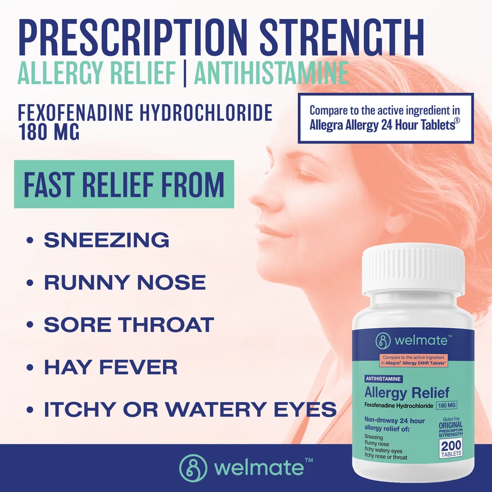 WELMATE 24 Hour Allergy Relief Tablets - Fexofenadine HCl 180mg 200 Count - Image 2 of 4