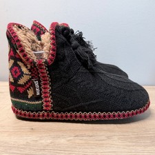 Muk Luks Slipper Boot Women 7- 8 Black Fair Isle Knit Tassel Memory Foam NWT