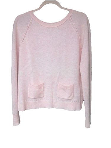 White + Warren 100% Cashmere Baby Pink Crew Neck Sweater Front Pockets XS 12524