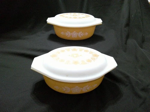2 Vtg PYREX Butterfly Gold Oval Casserole Dishes 1.5 Qt #043 With Lids GREAT