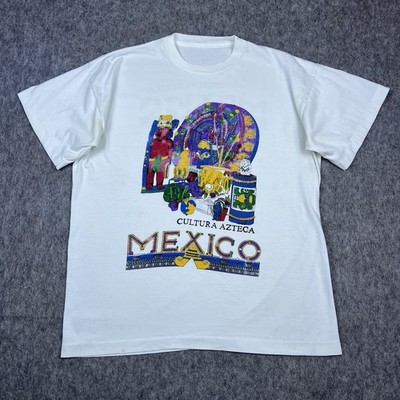 Vintage Mexico Men's T-Shirt Cultura Azteca White Single Stitch 90's Size Large