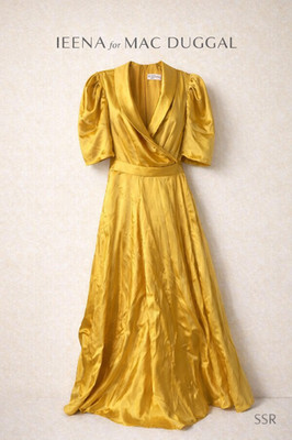 Ieena for Mac Duggal Satin Puff Sleeve Tea Length Dress Yellow Size 4 #26628